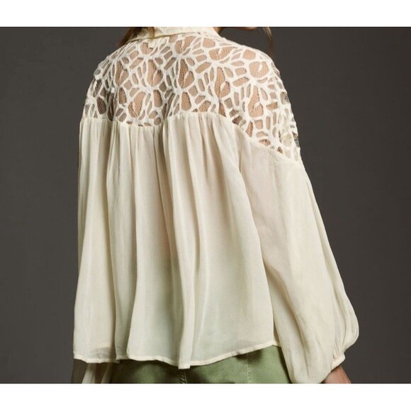 Anthropologie Let Me Be Lace Sheer Blouse Boho Cream L/Sleeve Peasant Top S NEW - Picture 4 of 9